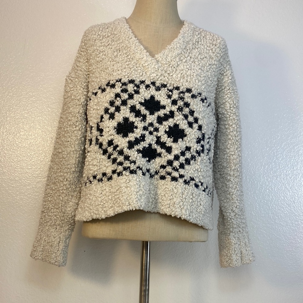 Hippie Rose Geometric Patterned Sweater, Cropped, White, Black Detail, Medium